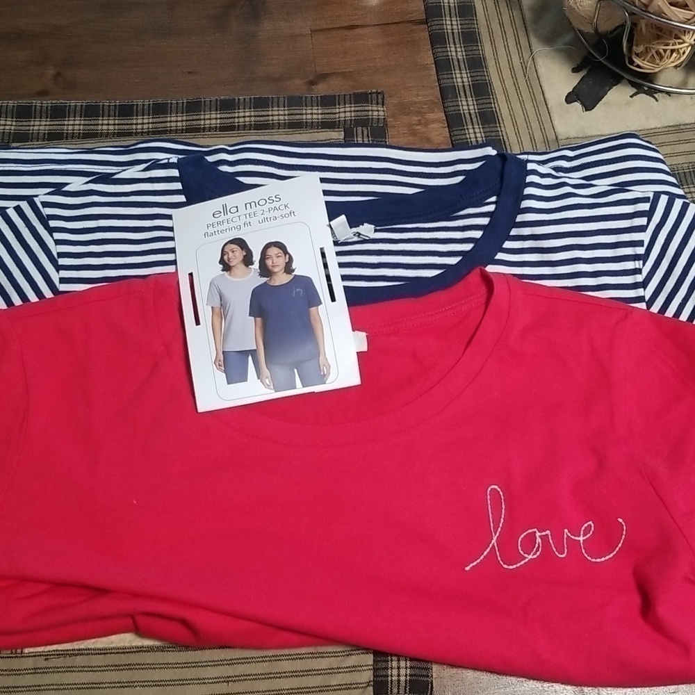 2 Pack New With Tags Ella Moss Perfect Tee Red and Navy Stripes on White Size XL